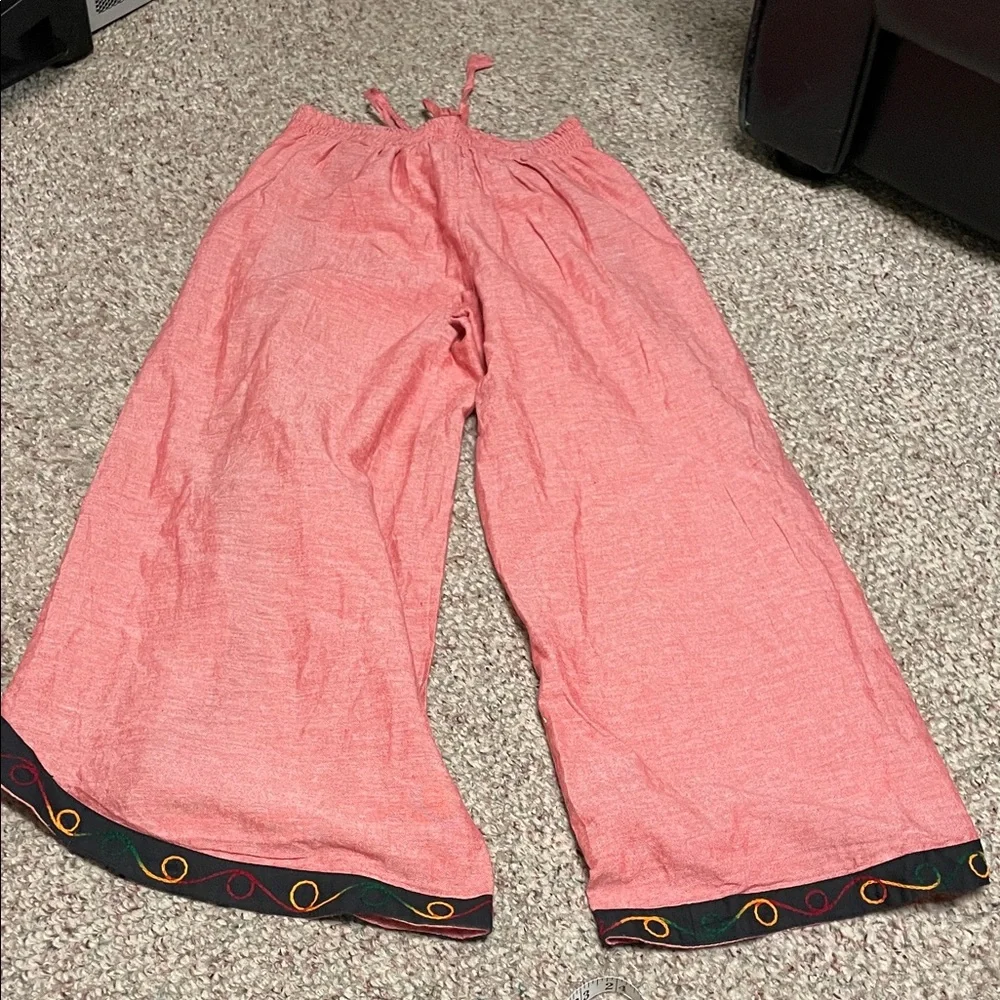 Vintage Nepalese drawstring waist red Wide-Leg Pants with Embroidered Trim - Picture 11 of 11